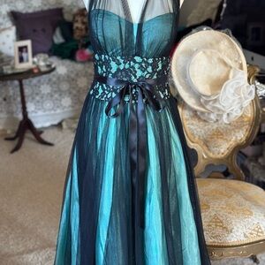 Betsy & Adam Teal and Black Lace Gown